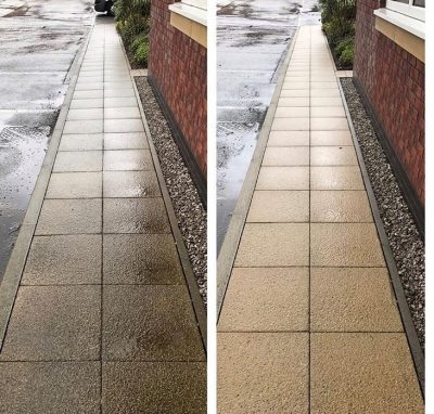 UCS pathway before and after Picture showing a dirty pathway before Ultra Cleaning Services cleaned it and then the finished result. Introducing Ultra Cleaning Service's pathway cleaning solutions
