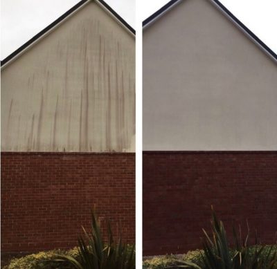 UCS render clean house before and after2 Picture of upper part of a house with white rendering showing a before and after of Ultra Cleaning Services cleaning the rendering